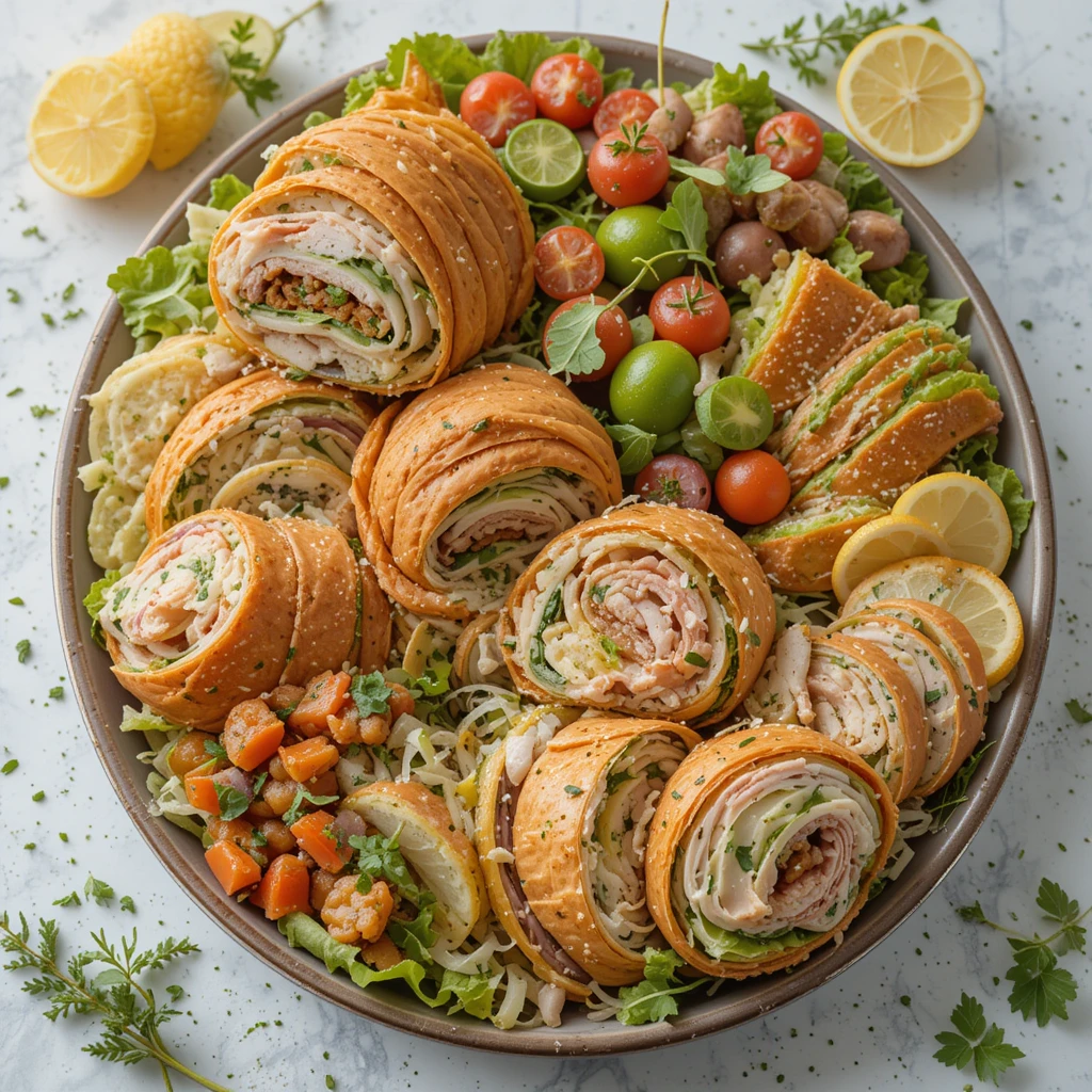 Turkey lunch meat recipes platter with sandwiches, wraps, and salads.