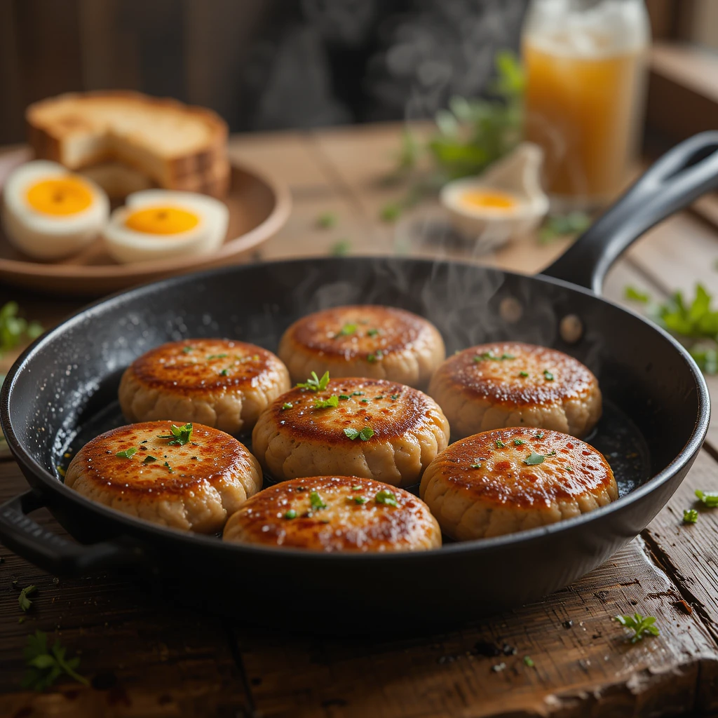 Golden-brown turkey breakfast sausage patties garnished with fresh herbs on a rustic wooden table.