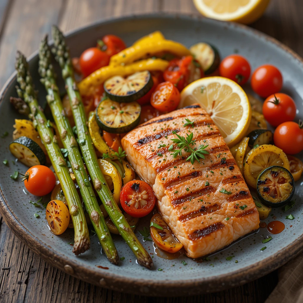 Grilled salmon with veggies plated beautifully with fresh herbs and lemon slices.