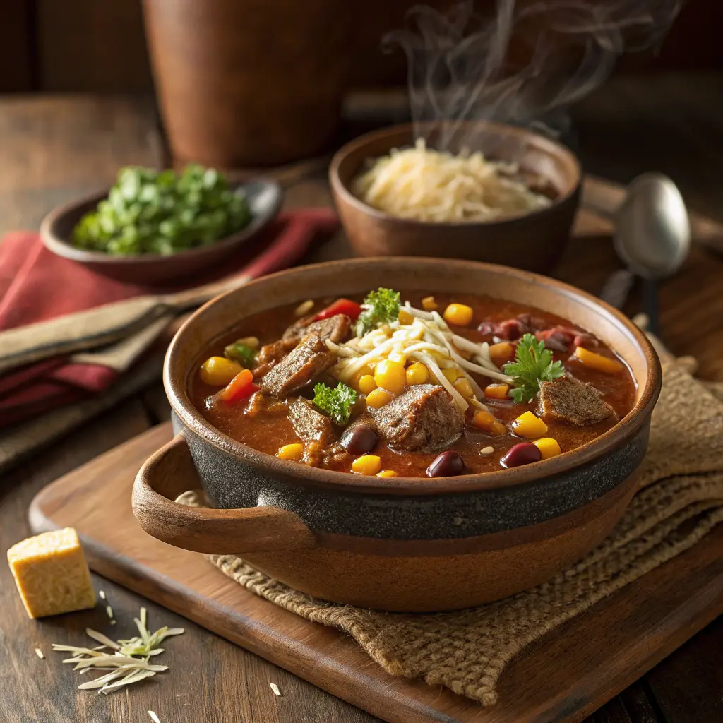 A bowl of Crockpot Cowboy Soup with beef, beans, and vegetables, garnished with parsley and cheese
