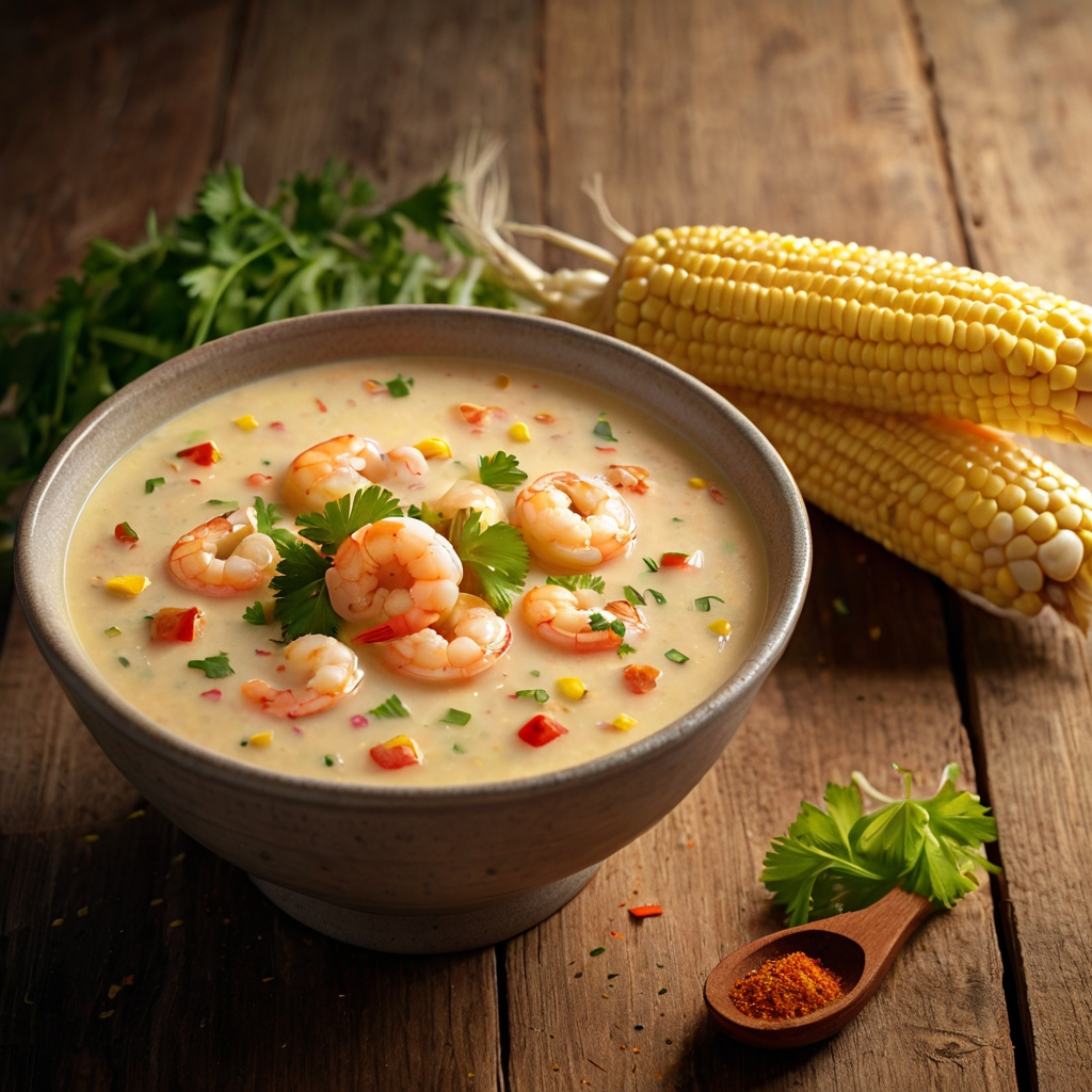 Creamy shrimp and corn soup garnished with parsley and paprika on a rustic wooden table.