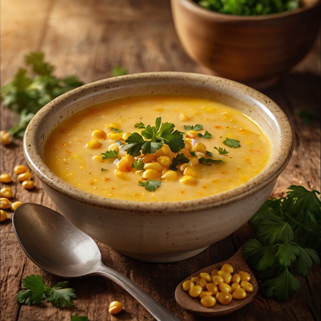 Creamy golden corn soup garnished with parsley and paprika on a rustic wooden table.