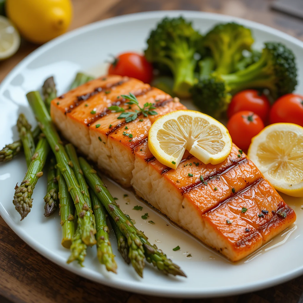 Grilled salmon with roasted asparagus, broccoli, and cherry tomatoes.