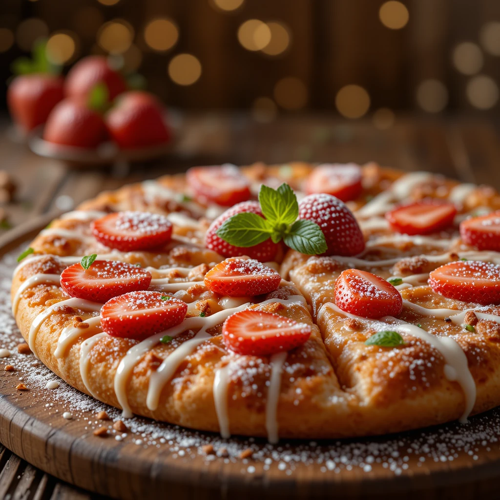 Freshly baked cinnamon sugar pizza with icing glaze and strawberry toppings on a rustic wooden table