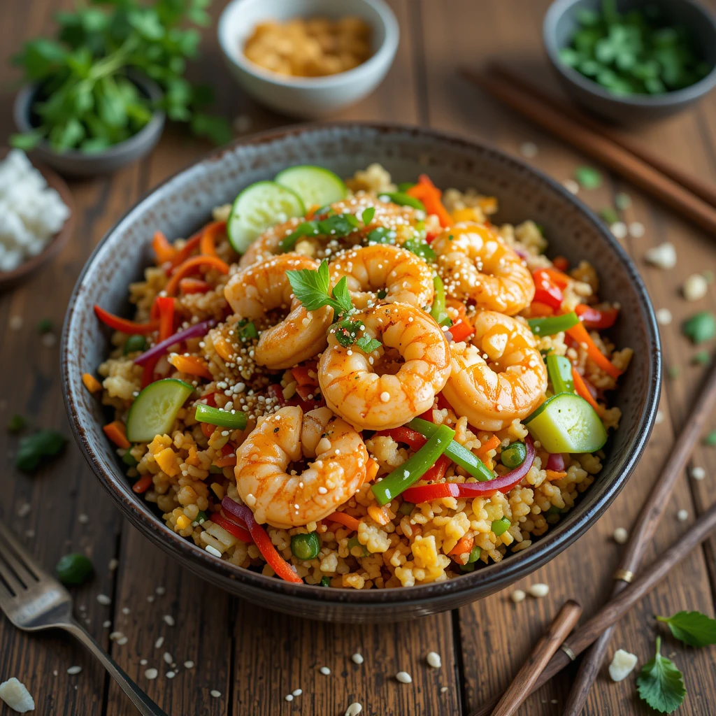 Vibrant Asian crispy rice salad with fresh veggies, shrimp, and sesame seeds.