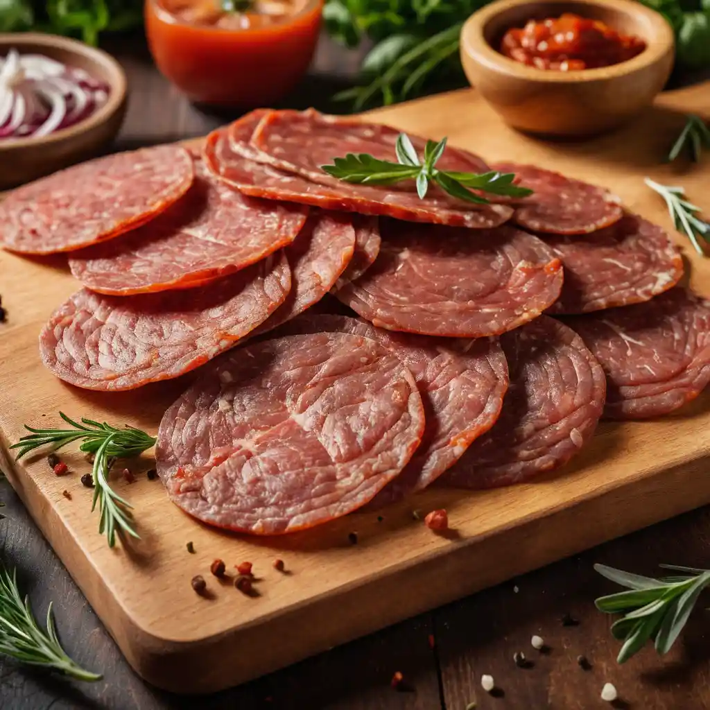 Thinly sliced beef pepperoni on a wooden cutting board with herbs and spices.