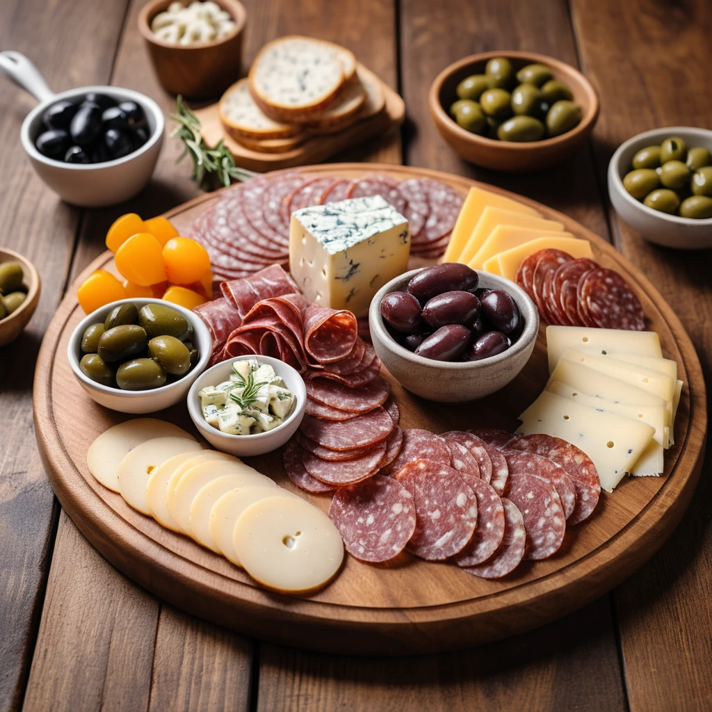 Rustic charcuterie board with beef salami, cheeses, olives, and wine.