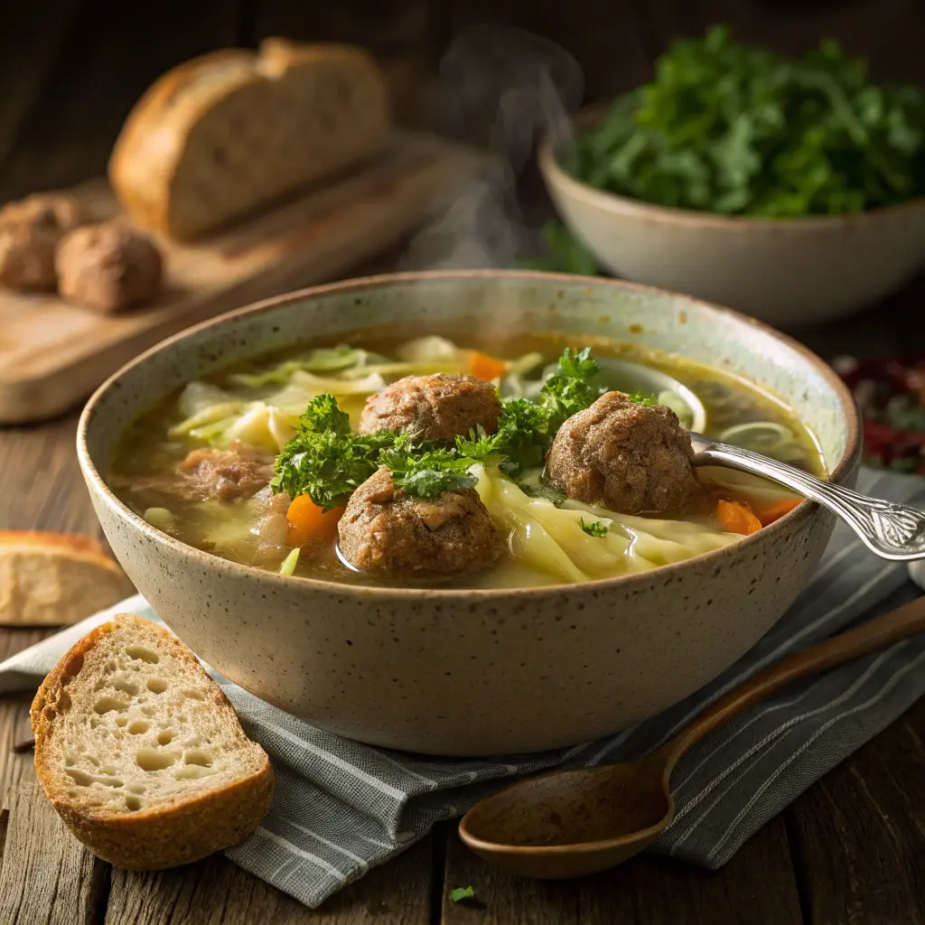 A bowl of hearty cabbage meatball soup with fresh parsley garnish.