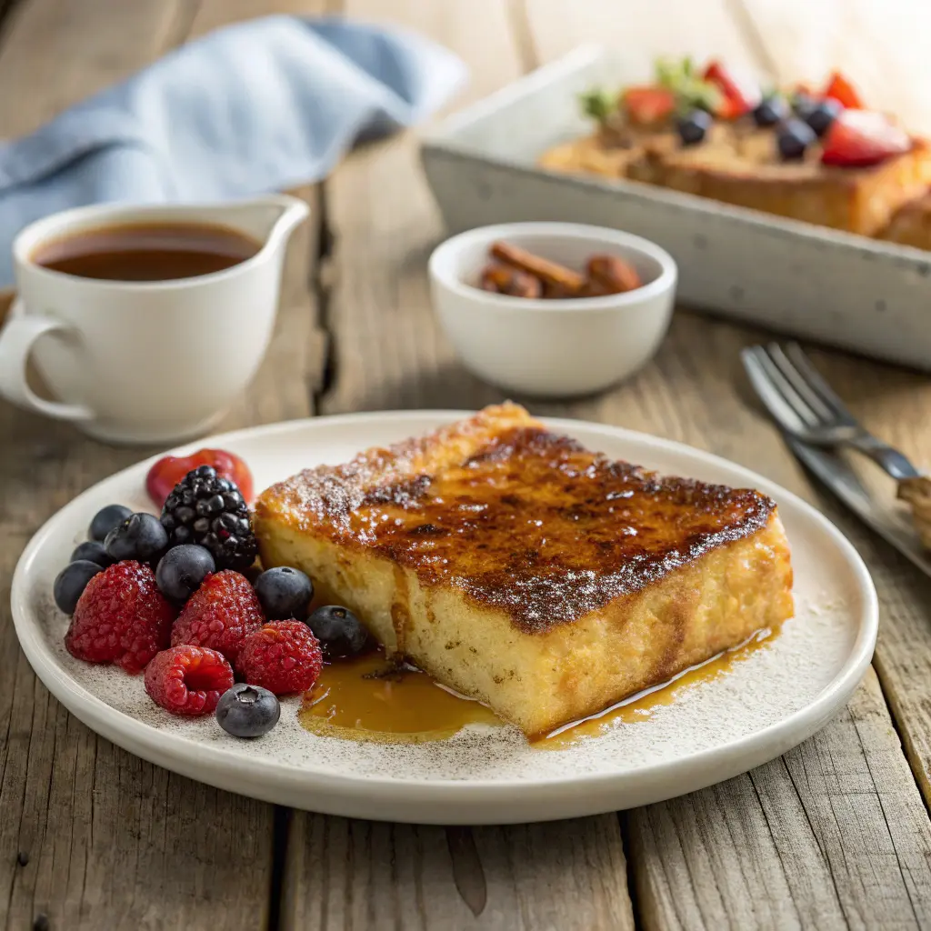 Golden crème brûlée French toast with caramelized sugar and fresh berries.