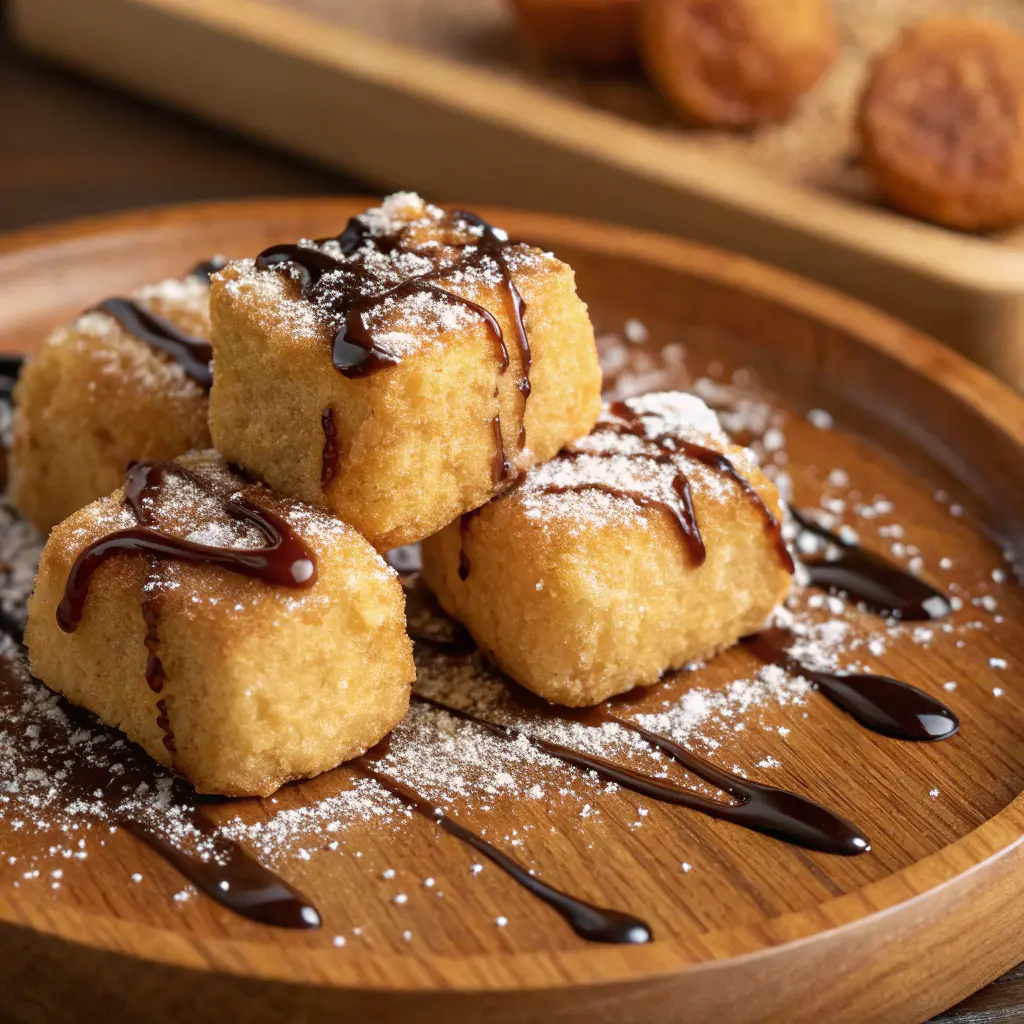Golden deep fried marshmallows with chocolate drizzle and powdered sugar.