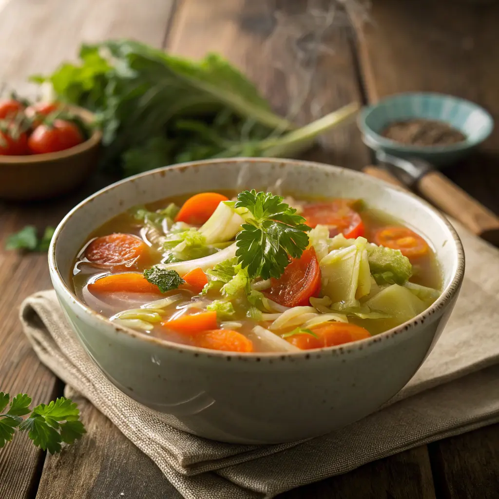 A bowl of homemade cabbage soup with fresh vegetables, garnished with parsley.