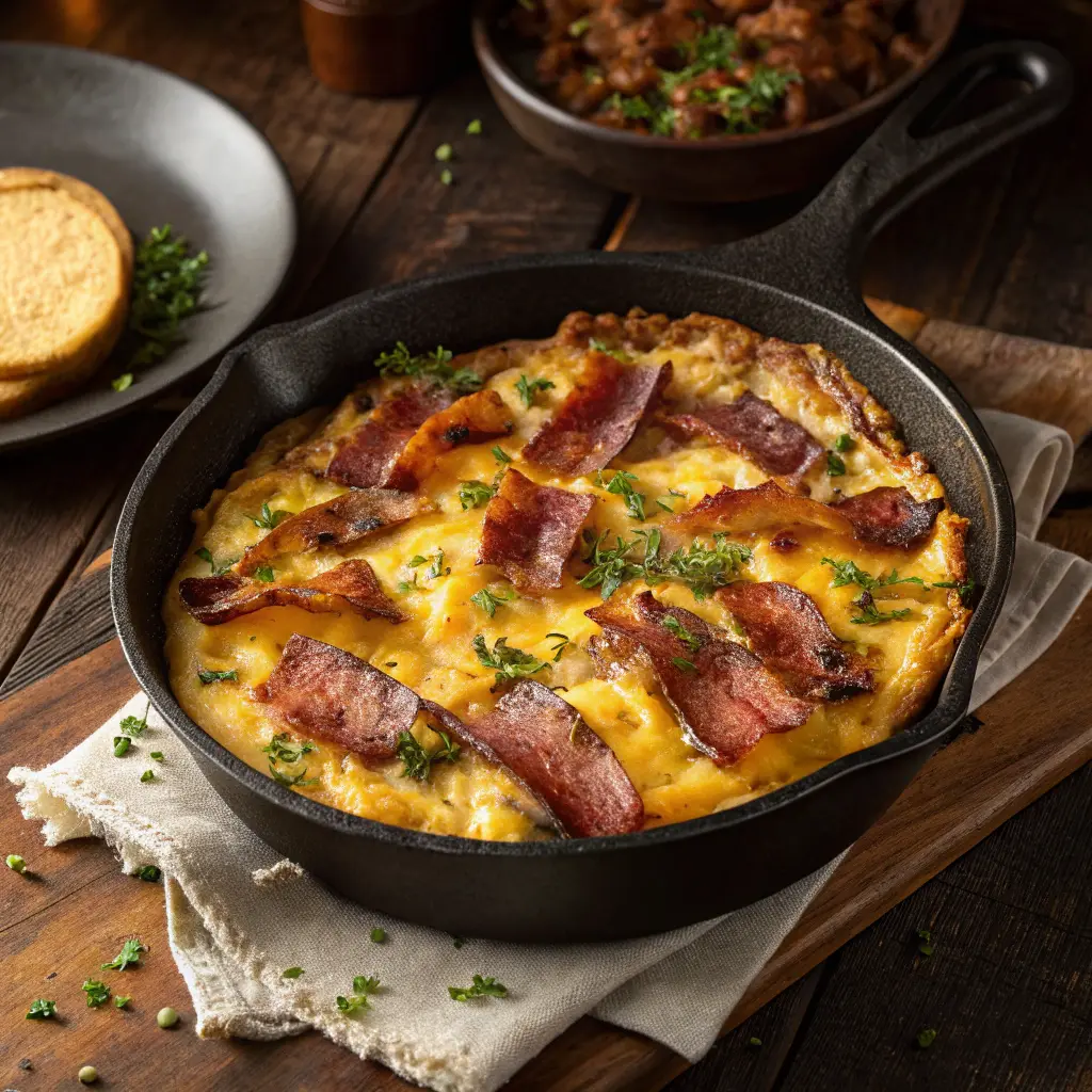 Golden ranch bacon cheeseburger casserole with melted cheese and crispy bacon.