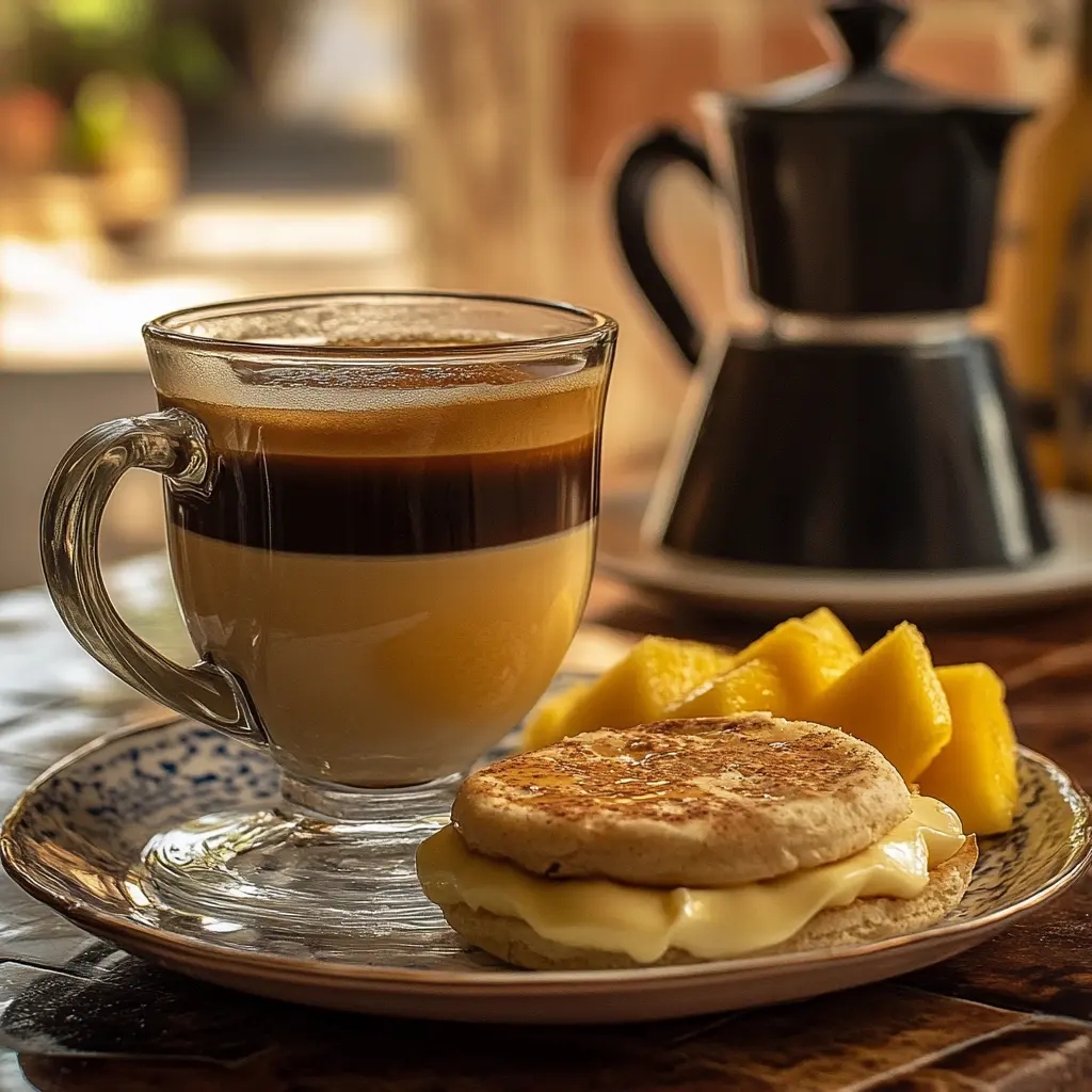 Traditional Cuban breakfast spread with café con leche, tostada, eggs, and tropical fruits on a rustic table.