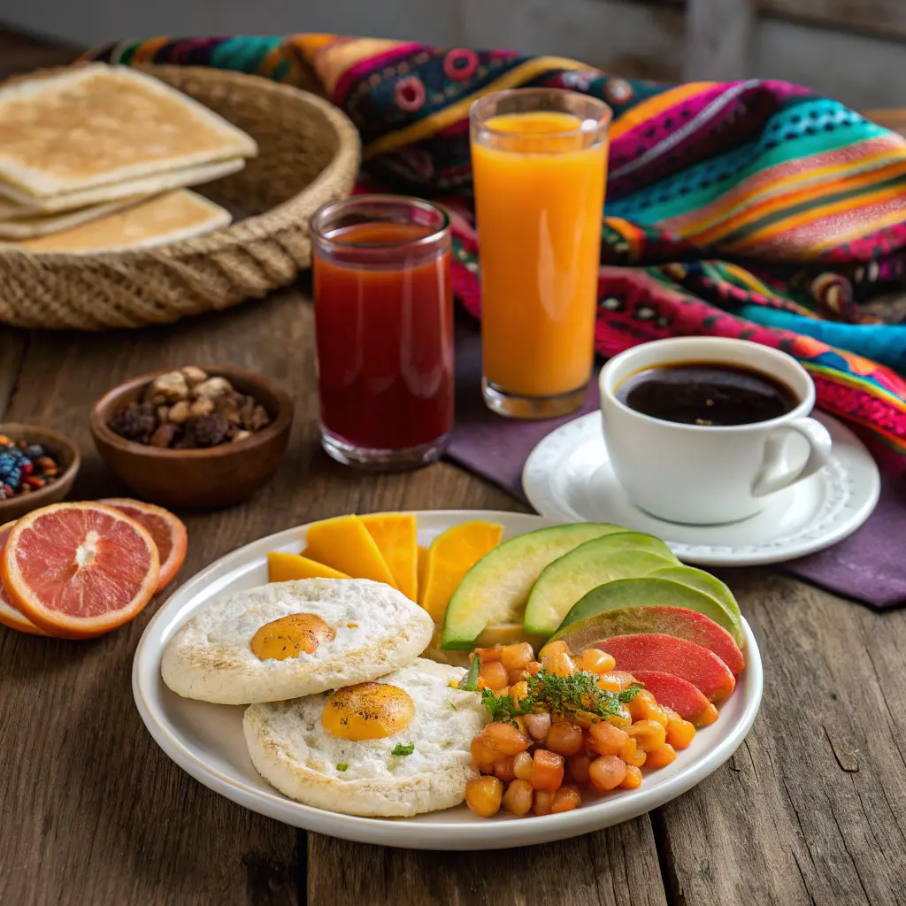 Traditional Colombian breakfast spread with arepas, huevos pericos, and fresh fruit juices.