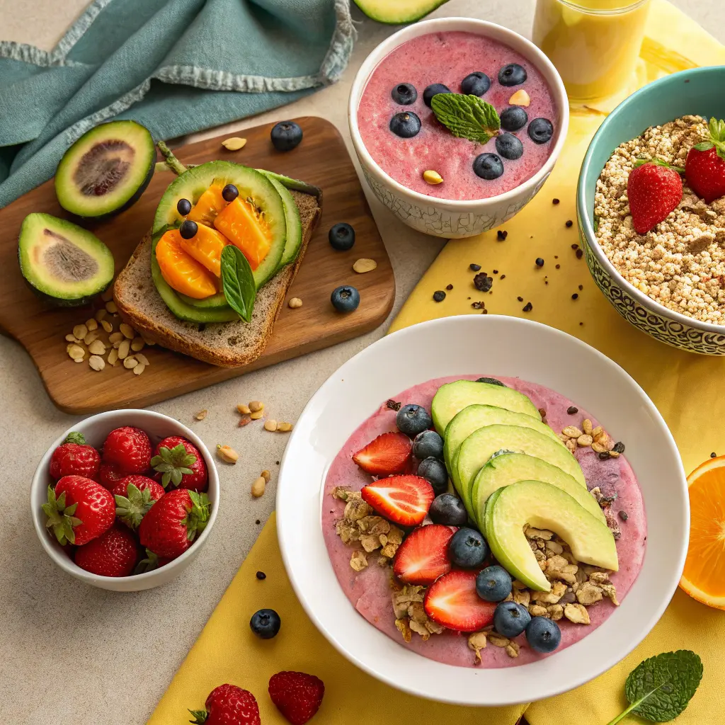 Colorful gluten-free dairy-free breakfast spread with smoothie bowls and avocado toast.