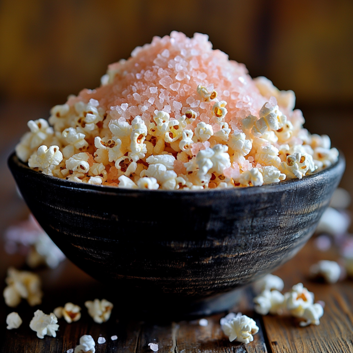 A bowl of Himalayan pink salt popcorn on a rustic wooden table.