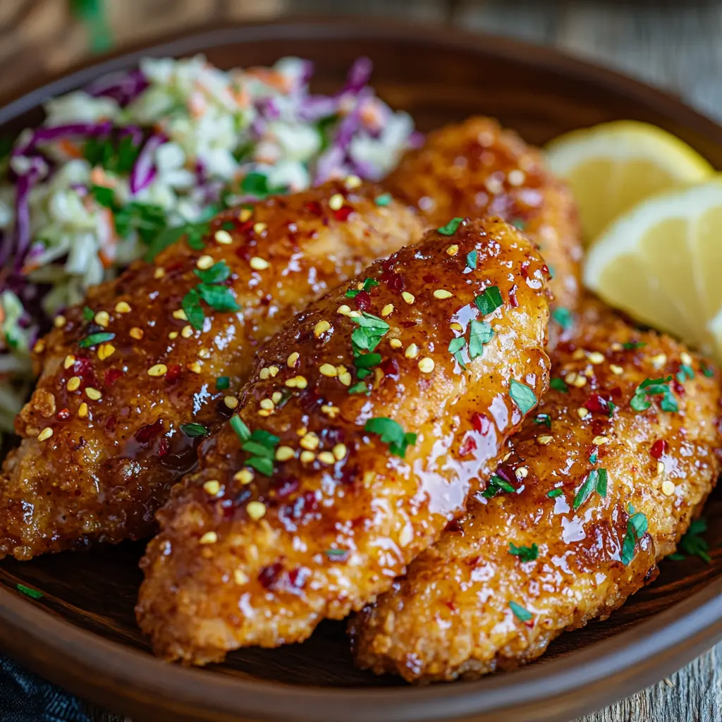 Crispy hot honey chicken tenders with chili flakes and parsley garnish.
