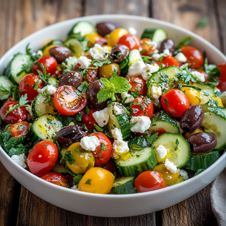 Vibrant Mediterranean cucumber tomato salad with fresh veggies, feta, and herbs in a white bowl.