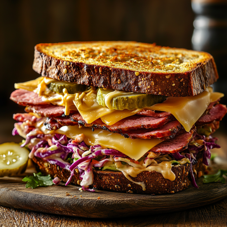 Juicy Turkey Pastrami Sandwich with melted cheese and pickles on rye bread