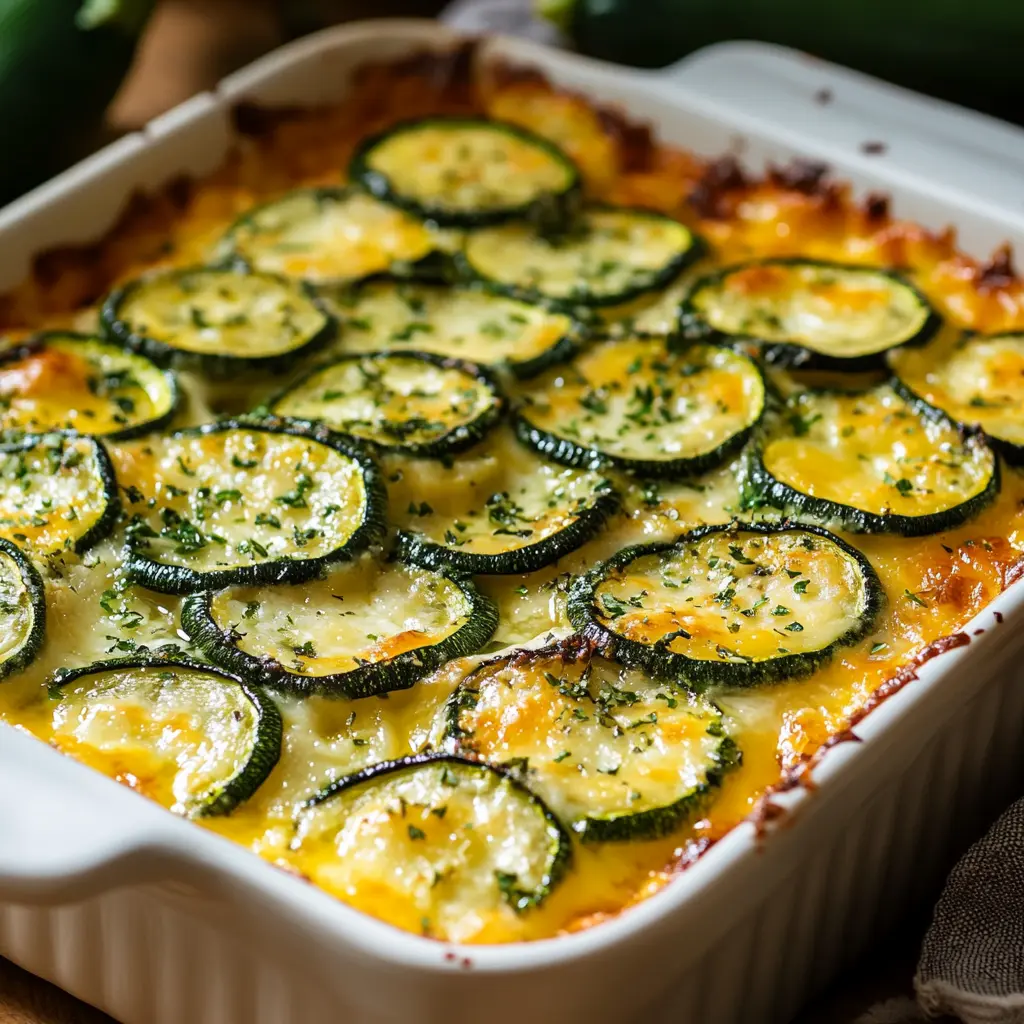 A delicious Baked Zucchini Casserole with a golden cheese topping, served in a baking dish.