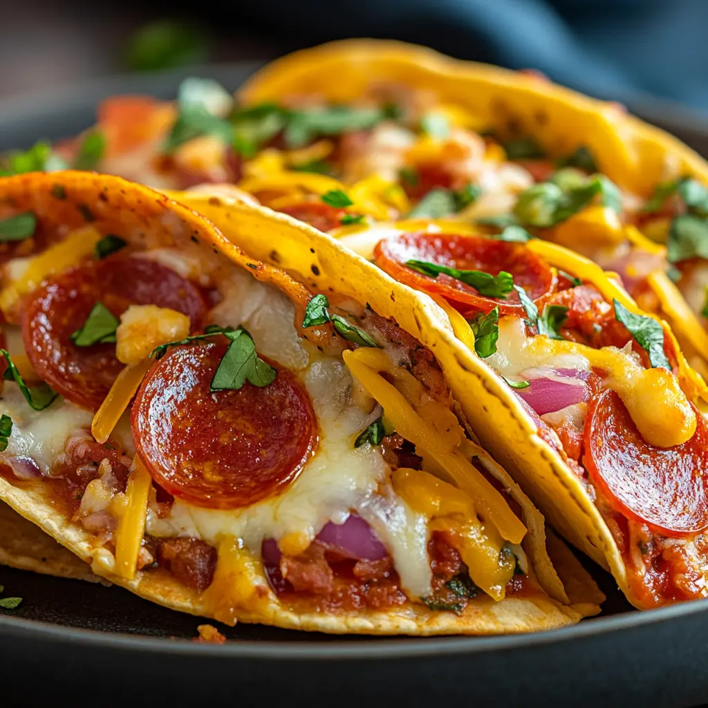 Close-up of a pepperoni pizza taco with melted cheese and toppings.