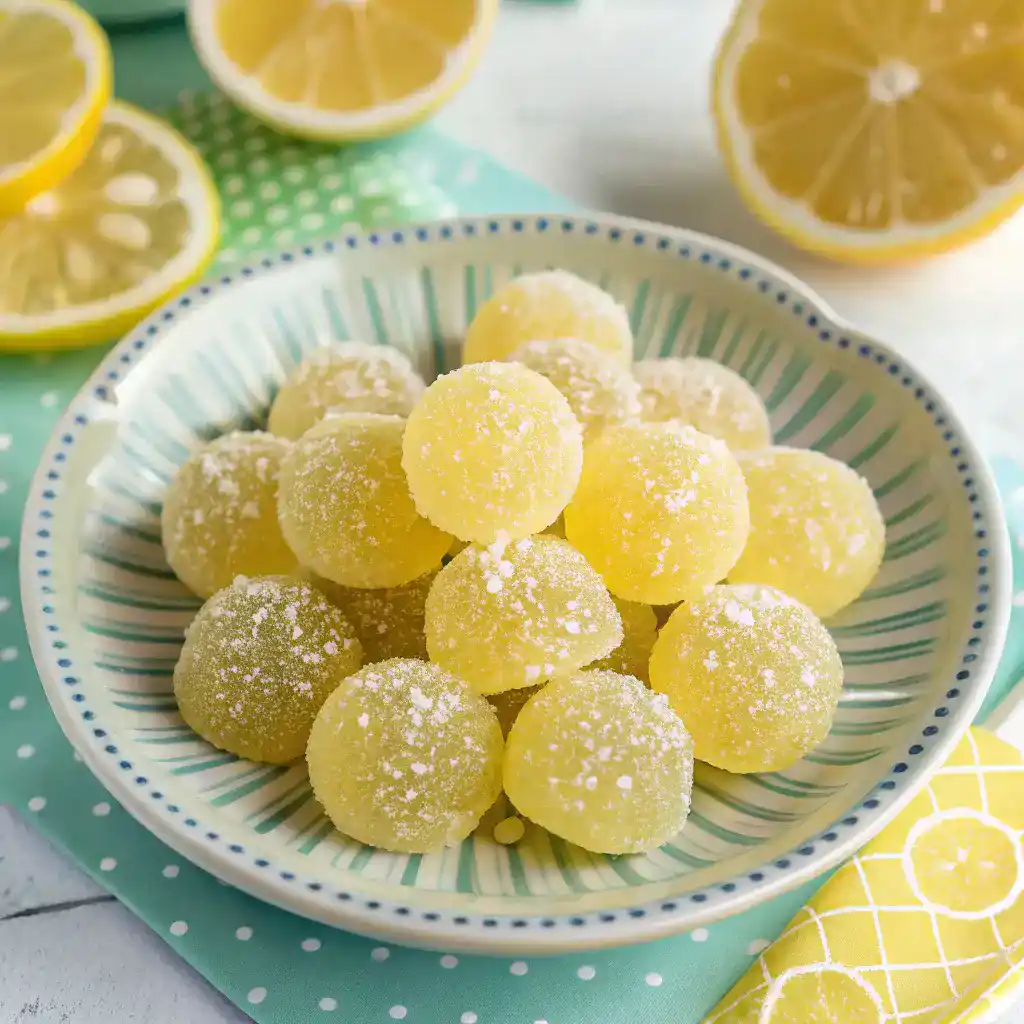 A plate of freshly made homemade lemon drops, coated in sugar and ready to enjoy.