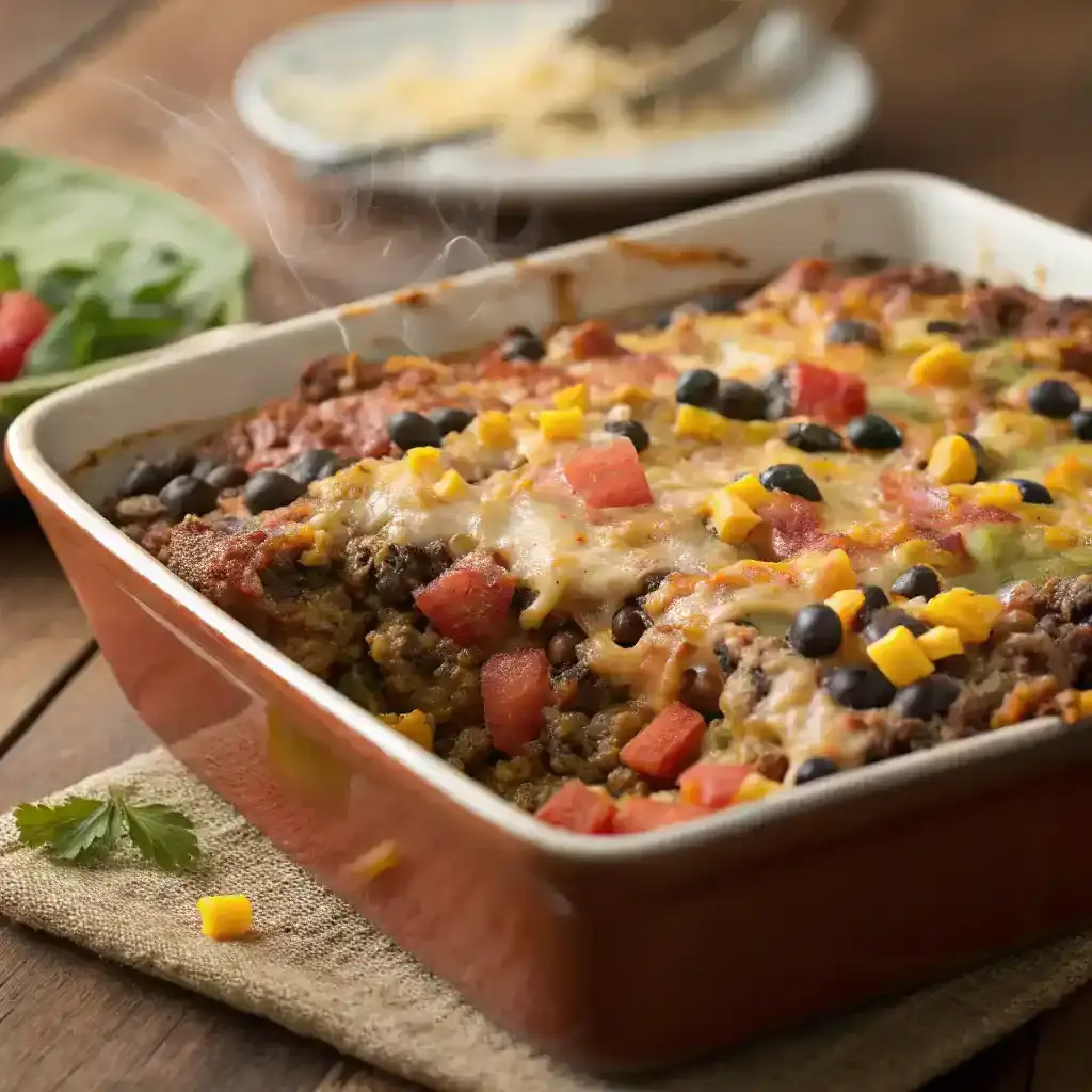 A freshly baked Mexican White Trash Casserole with layers of turkey, beans, and cheese.