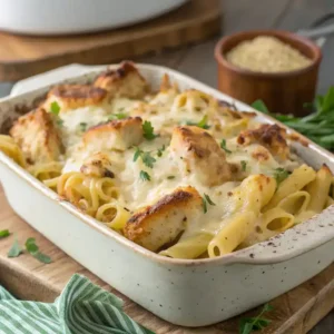 A golden-brown Garlic Parmesan Chicken Pasta Bake, bubbling and served in a rustic dish, garnished with parsley.