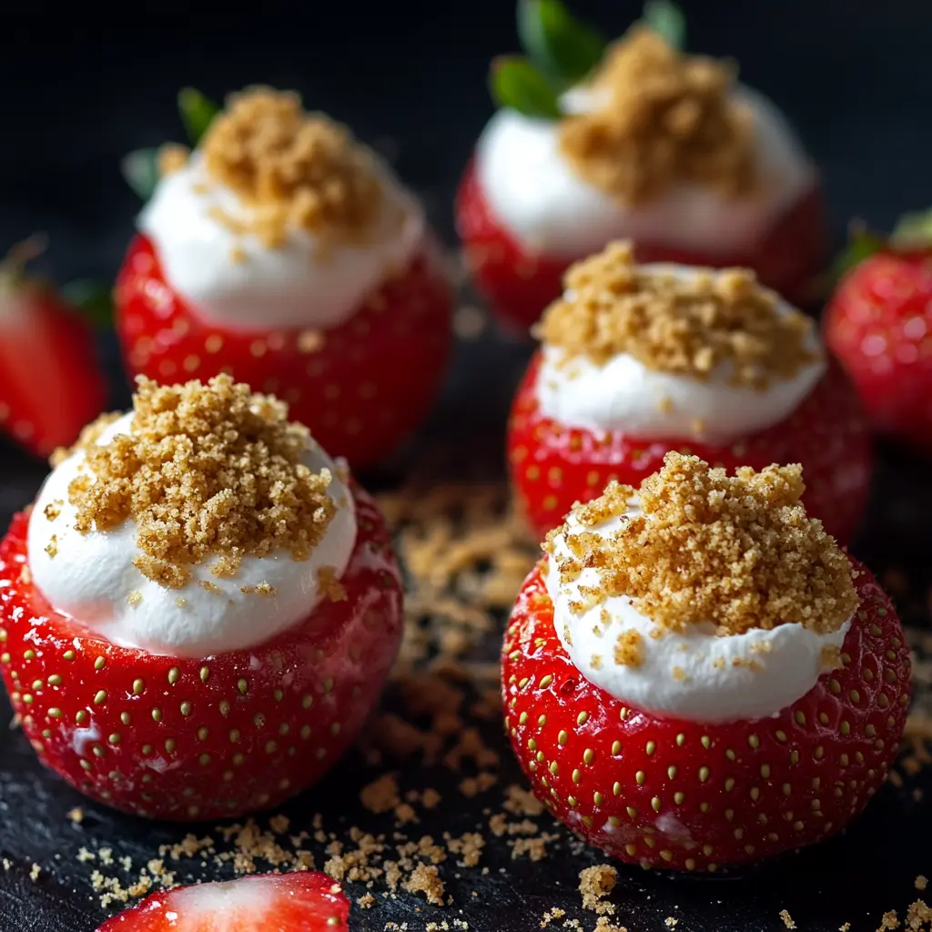 Garnished Cheesecake Deviled Strawberries on a decorative plate.