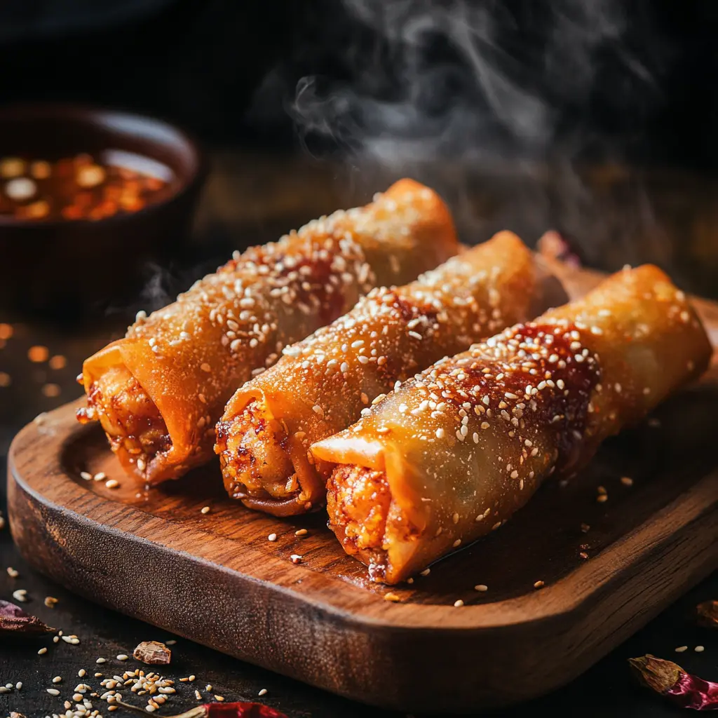 Homemade crispy crab egg rolls with chili sauce