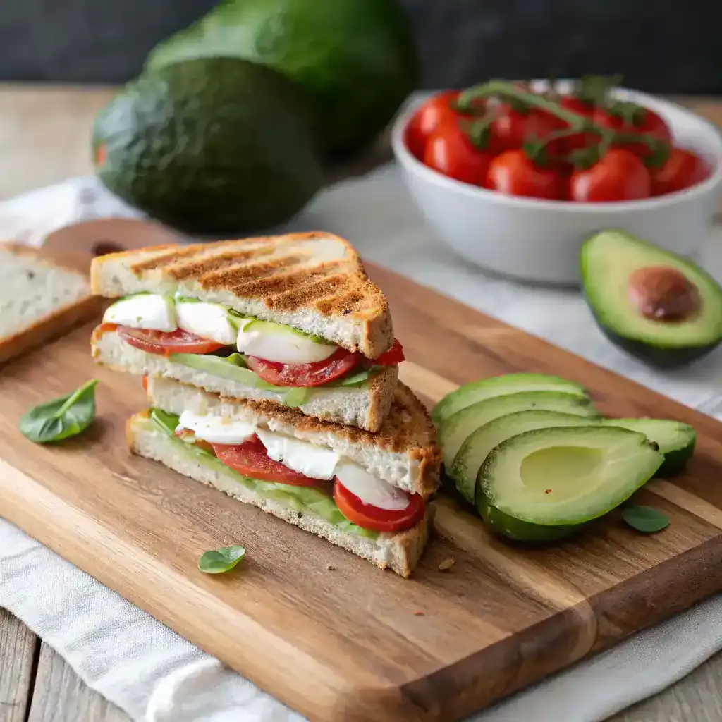 A delicious Avocado, Mozzarella, and Tomato Grilled Cheese sandwich with fresh ingredients.