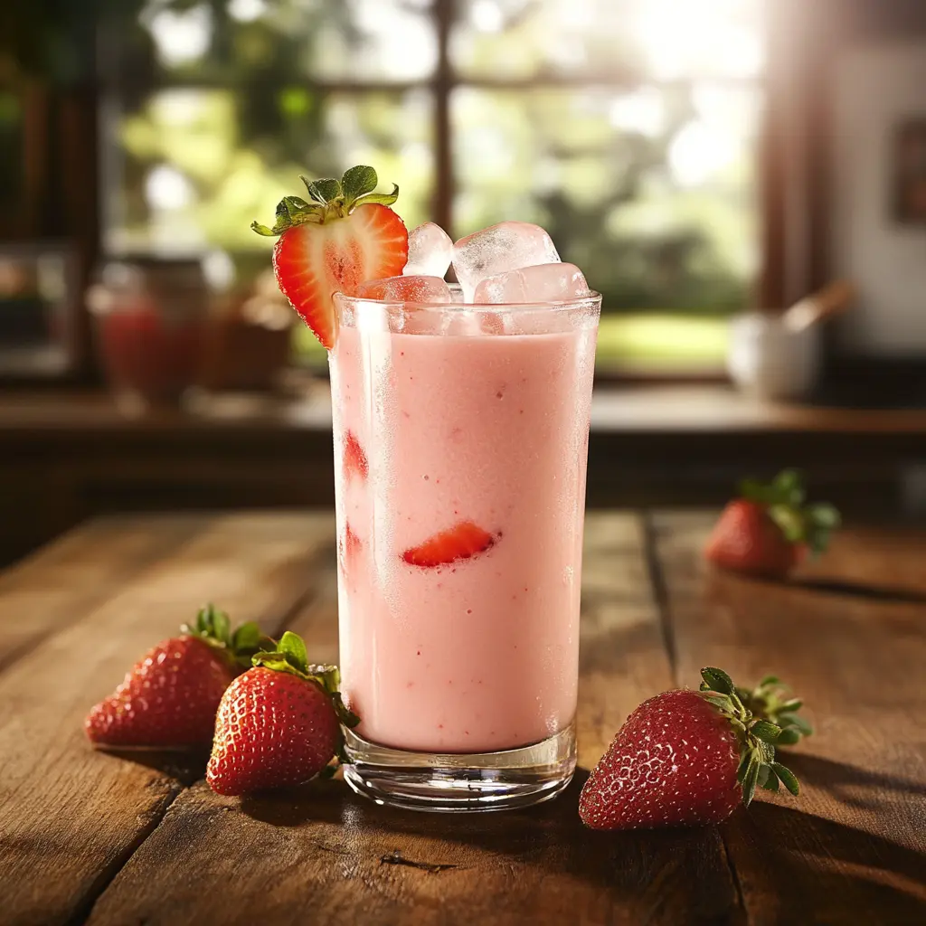 Refreshing Korean Strawberry Milk in a glass with strawberries.