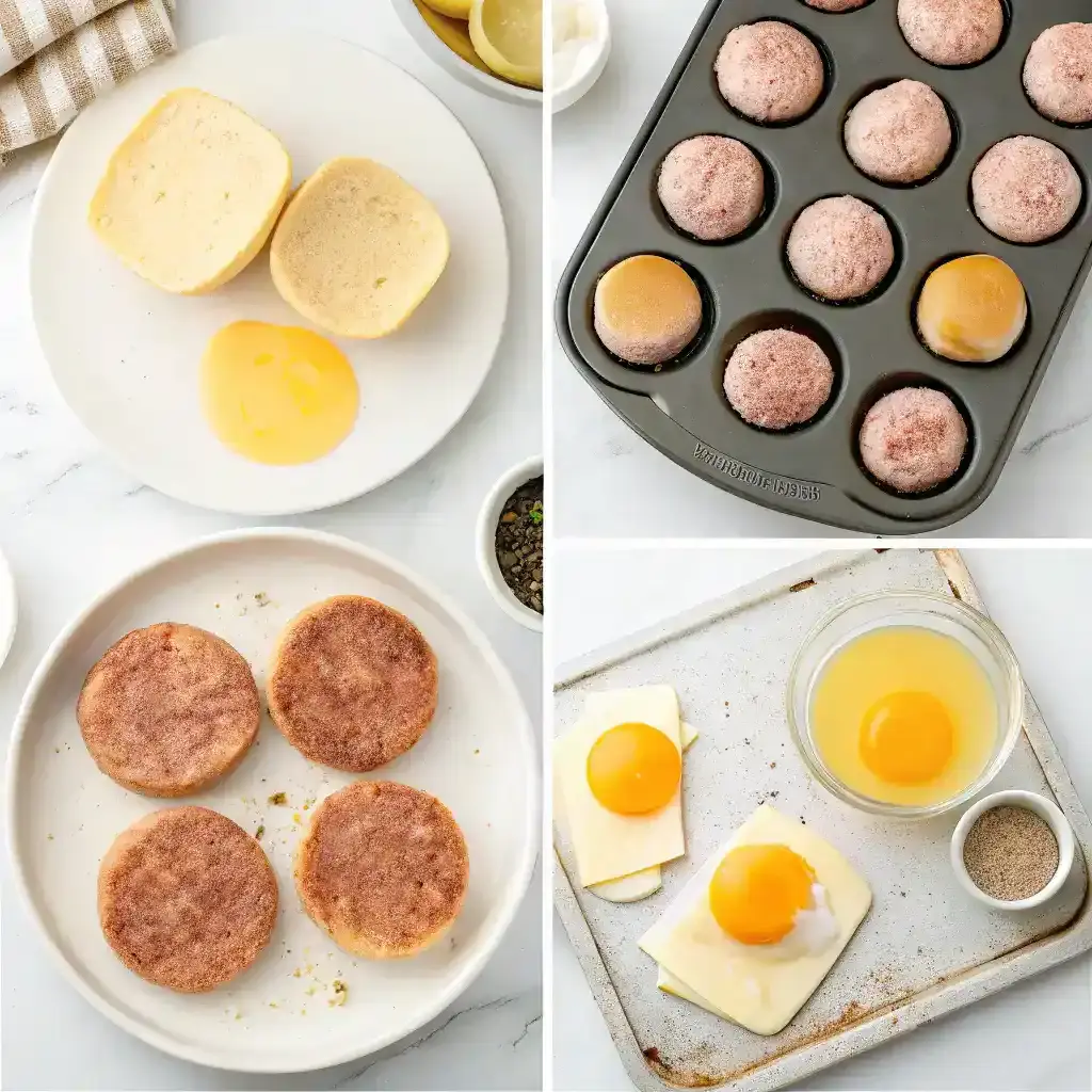 Step-by-step process of making sausage and egg McMuffins.