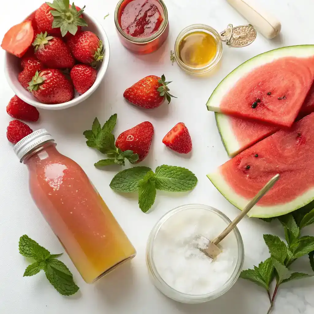 Ingredients for Watermelon Strawberry Smoothie arranged aesthetically.