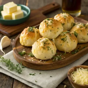 Freshly baked Pillsbury Biscuit Garlic Butter Cheese Bombs on a wooden platter.
