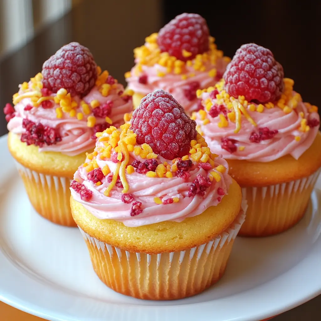 Raspberry Lemon Heaven Cupcakes served with garnishes.