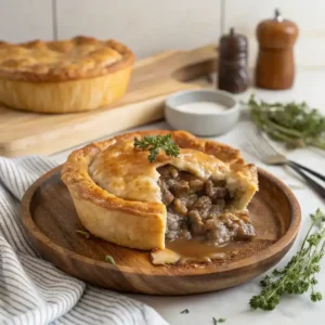 Freshly baked Sausage Gravy Puff Pie, golden and flaky, served on a plate.
