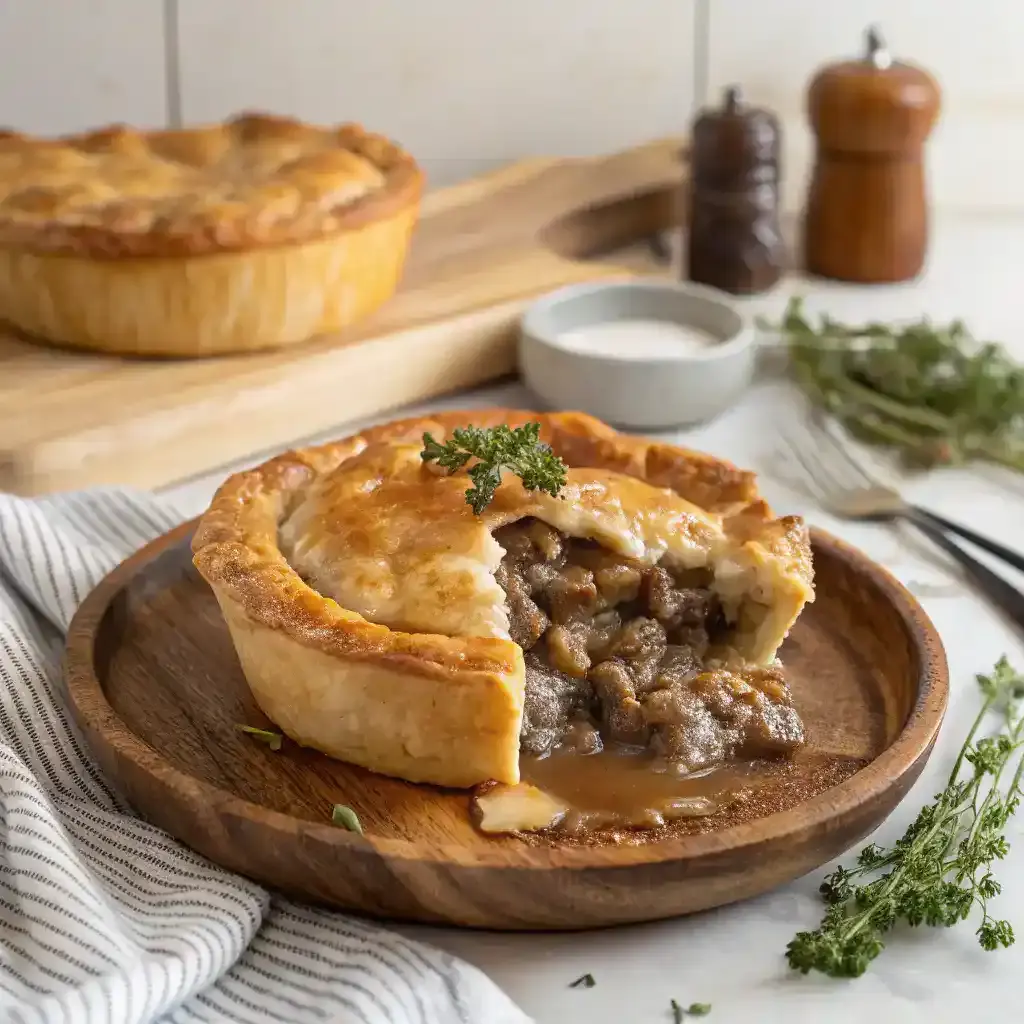 Freshly baked Sausage Gravy Puff Pie, golden and flaky, served on a plate.