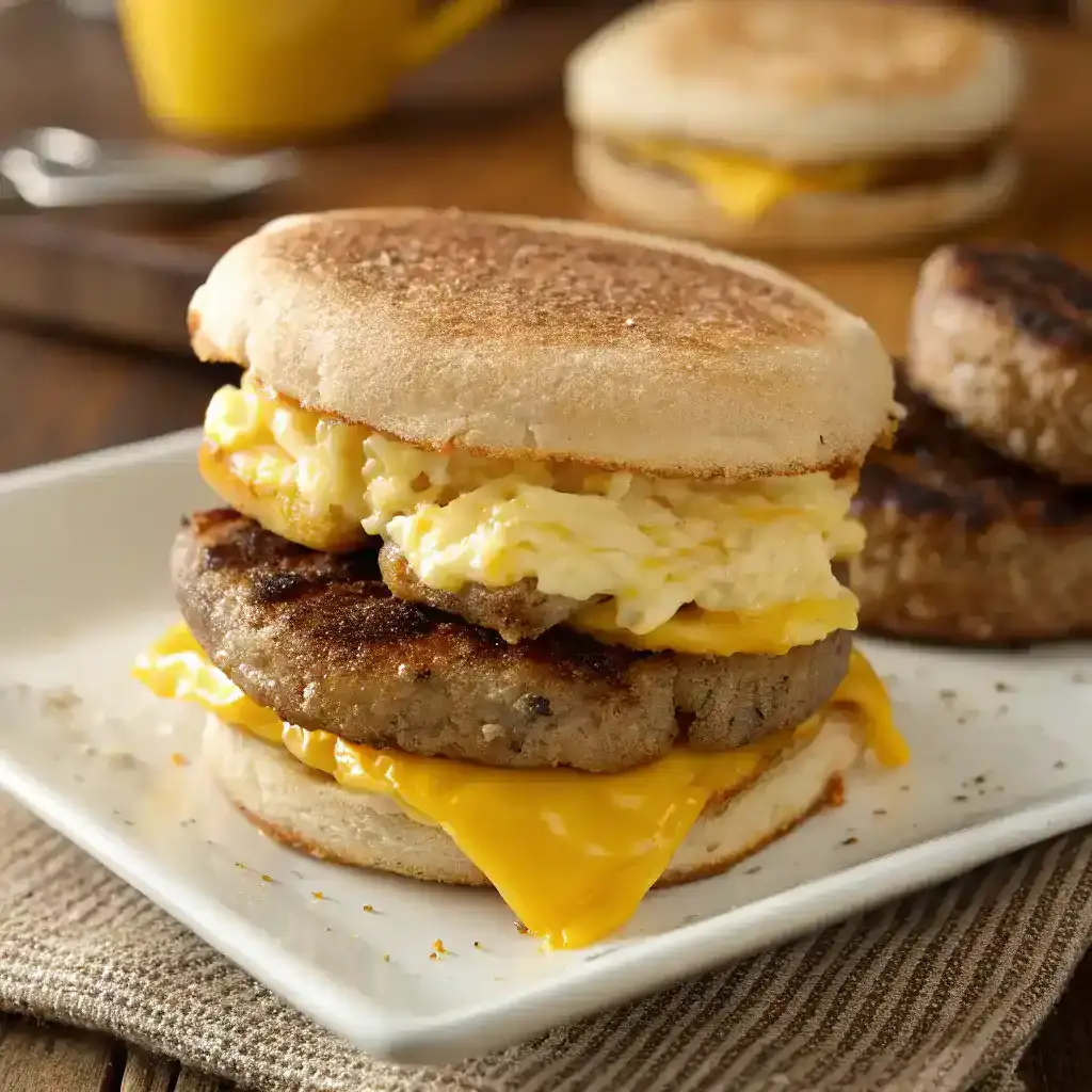 A freshly made sausage and egg McMuffin on a plate.