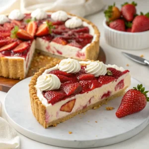 A freshly baked Strawberry Cream Cheese Chili Pie garnished with whipped cream and strawberries.
