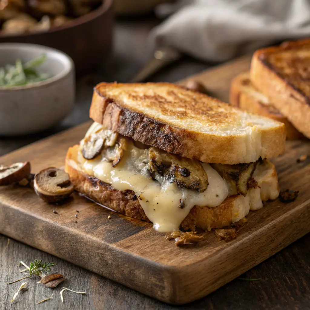 Swiss Mushroom Melt sandwich with melted cheese and crispy bread