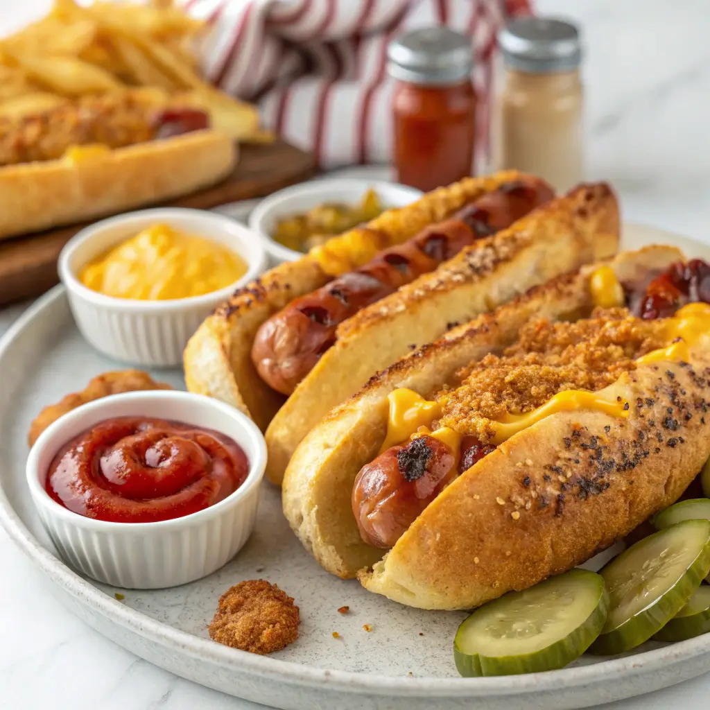 Golden crispy air fryer grilled cheese hot dogs with melted cheese, served with ketchup, mustard, pickles and french fries on white plate