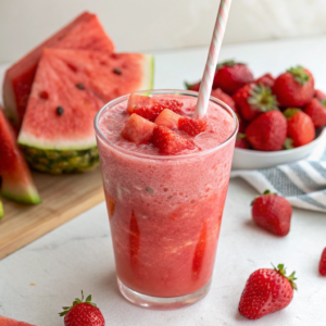 A refreshing Watermelon Strawberry Smoothie in a glass, garnished with fruit.