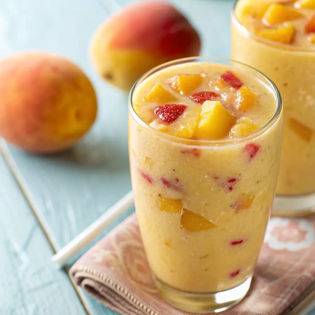 A refreshing Banana Peach Smoothie served in a glass, garnished with fruit slices.
