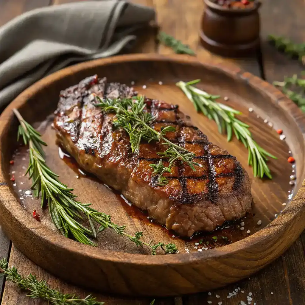 A perfectly grilled steak marinated with Gordon Ramsay's marinade, garnished with herbs.
