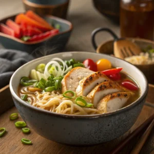 A delicious bowl of chicken ramen with chicken breast, ramen noodles, and colorful vegetables, garnished with green onions.