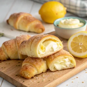 Freshly baked Lemon Cream Cheese Crescent Rolls, golden brown and fluffy.
