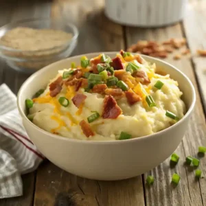 A bowl of Loaded Mashed Potatoes topped with cheese and green onions.