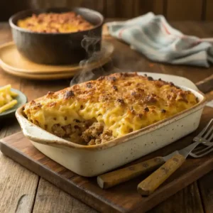 A deliciously baked Mac and Cheese Meatloaf Casserole, golden and bubbling.