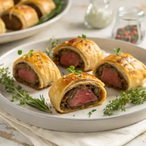 A platter of Mini Beef Wellingtons garnished with fresh herbs.